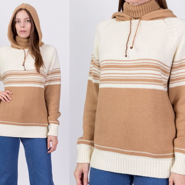 Large 70s Hooded Turtleneck Sweater | Vintage Boho Chunky Knit Striped Pullover 