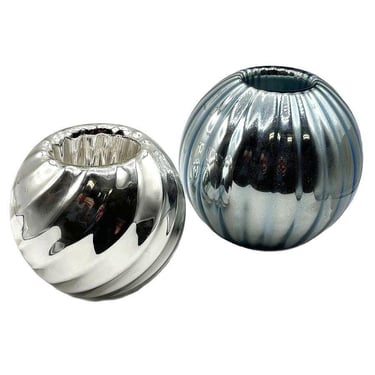 Czechoslovakian Art Deco Cobalt Mercury Glass Round Ball Candlestick Holders , Pair 