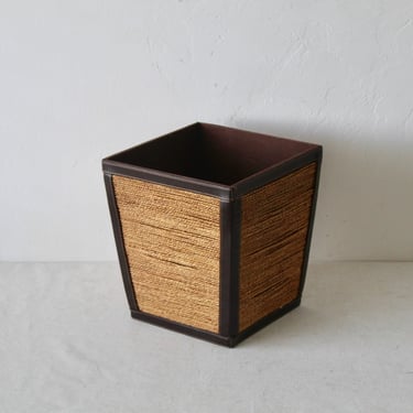 Vintage Leather Woven Grass Wicker Wastebasket 