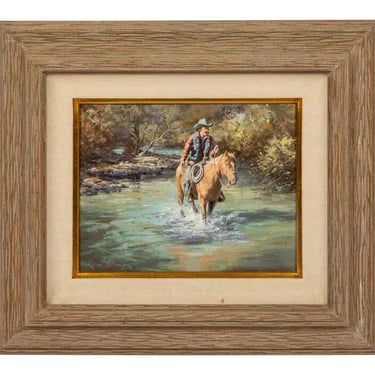 Oil on Canvas, Signed by Lorna Dillon (Amer, bd. 1940) "Checking Hat Creek"!