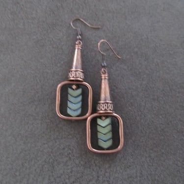 Copper and teal arrow geometric earrings, square 