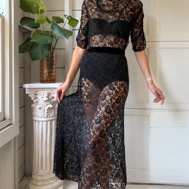 30s Black Lace Gown | S