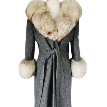 60s Gray Wrap Coat w/Cream Fox Fur Collar & Cuffs Gino Rossi 