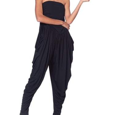 1970S Black Polyester Jersey Strapless Disco Jumpsuit With Pockets 