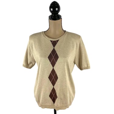 S-M 80s Beige Argyle Sweater, Short Sleeve Knit Top, Casual Preppy Crewneck Pullover, 1980s Clothes Women Vintage Clothing ALFRED DUNNER 