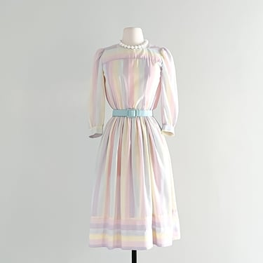 1980's Pastel Rainbow Striped Cotton Day Dress  / Sz M