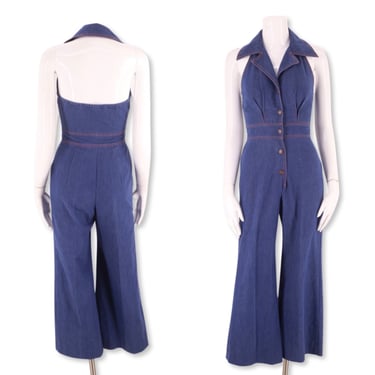 70s denim bell bottom jumpsuit S, vintage 1970s halter jeans jumpsuit, 70s flares, 70s bells pants cropped 4 24