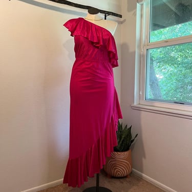 Cattani USA Made Vintage 1970s Pink One Shoulder Ruffled Summer Dress Size Large 