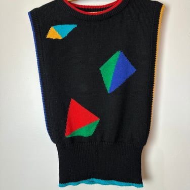 Pierre Cardin vintage sweater~ 1980 color block shapes /wool knit Vest pullover sweater~ new wave black primary colors~open boxy size SM 