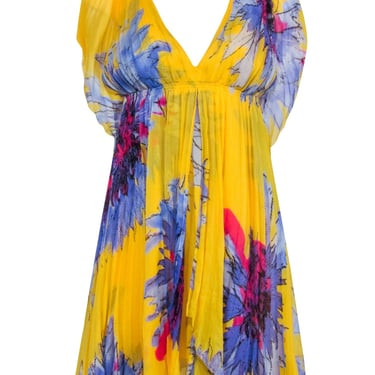 Diane von Furstenberg - Yellow Floral Print Pleated Dress Sz 10