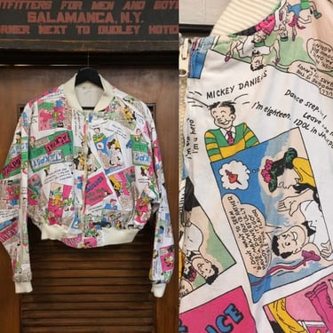 Vintage 1980’s “French Fryzz” Label “Jackpot” Cartoon Comic Book Bomber Jacket, Reversible Jacket, Flour Sack Jacket, Vintage Coat 
