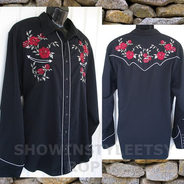 Roper Vintage Retro Western Men's Cowboy Shirt, Rodeo Shirt, Black with Bold Embroiderd Red Roses, Approx. XXLarge (see meas. photo) 