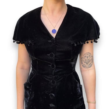 Vintage 1950s Womens Crushed Black Velvet Bobble Collar Gothic Dress Sz S 