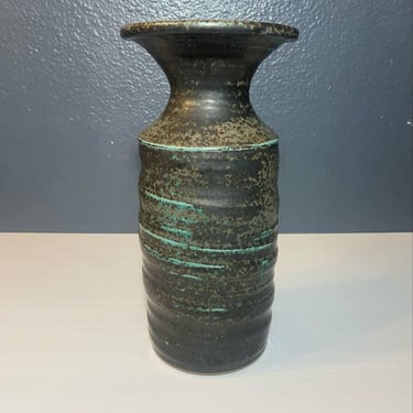 Signed Studio Pottery Vase by Vogel – Matte Black & Turquoise Glaze – Modern Textured Form 