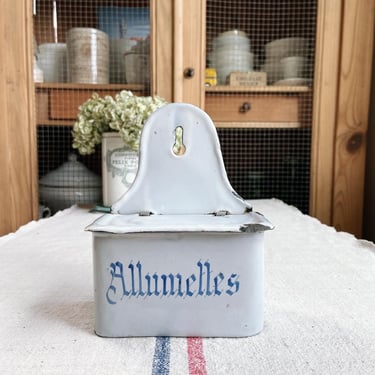 Beautiful vintage French enamelware match  box in blue script on white background 