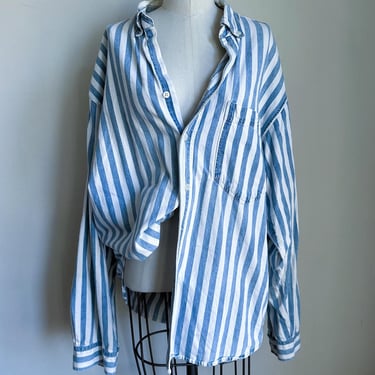 Vintage 1980s Striped Denim Button Shirt / L-XL 