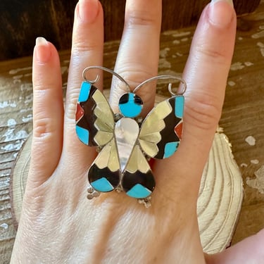 FLUTTERS Allison Dishta Inlay Large Butterfly Zuni Ring | Native American Southwestern Jewelry | Silver, Turquoise, Spiny Oyster | Size 9 