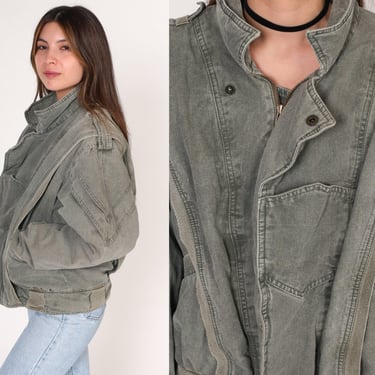 Grey Jean Jacket 90s Olive Denim Jacket Insulated Zip Snap Up Bomber Coat Lined Biker Moto Retro Rocker Quilted Lining Vintage 1990s Small S 