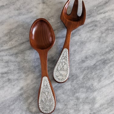 Handmade Wooden Fork and Spoon with Metal Flower Details 