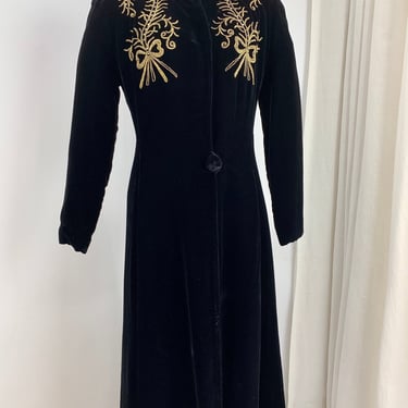 1930's Opera Coat - Black Silk Velvet - Gold Metal Embroidery with Rhinestones - Cream Satin Lining - Small to Medium 