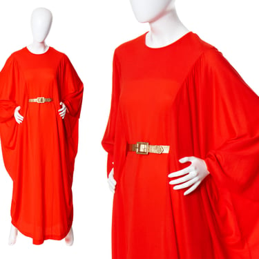 Vintage 1970s Kaftan | 70s Red Batwing Sleeve Belted Caftan Maxi Dress Loungewear (xs-xl) 