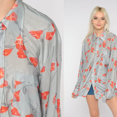 Floral Disco Shirt 70s Button Up Top Retro Dagger Collar Flower Blouse Groovy Seventies Long Sleeve Grey Orange Vintage 1970s Mens Large L 