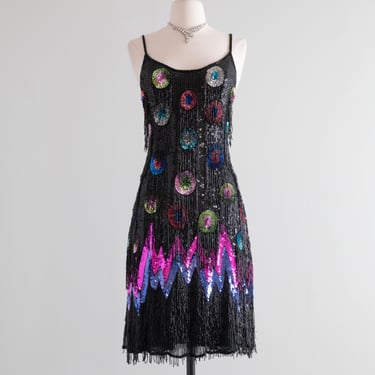 Fantastic 1980's Peacock Flapper Party Dress Beaded Fringe & Sequins / Medium