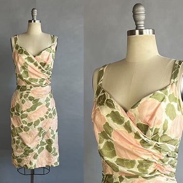 1950s Bombshell Dress / Pink Roses Silk Cocktail Dress / 1950s Marilyn Dress / Size Medium 