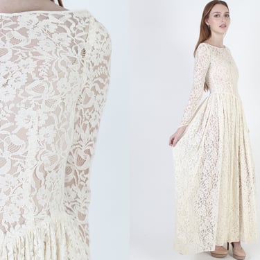 50s Sheer Floral Lace Wedding Dress, Simple Ivory Full Skirt Gown, Beautiful Floor Length Romantic Long Dress 