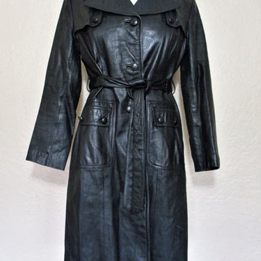 Vintage 1970s Evermates Black Leather Trench Coat, Medium Women, Long Sleeve Coat, Womens Outerwear 