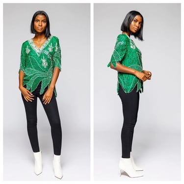 Green With Envy/ 80s Top/ Sequined Top/ Studio54/Vintage Party Top/ 