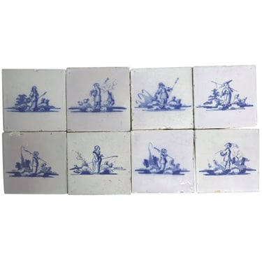 Antique Set of Eight Dutch Delft Blue and White Pottery Square Figural Shepherd Ceramic Decorative Tiles 