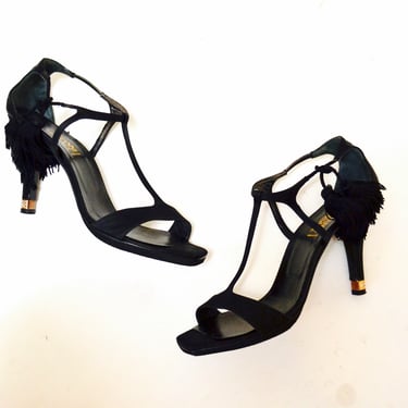 2000s y2k Vintage Gianni Versace Black High Heels 39.5 9.5 9 1/2 Black Satin T Strap High Heel Sandals Fringe and Rhinestones Made in Italy 