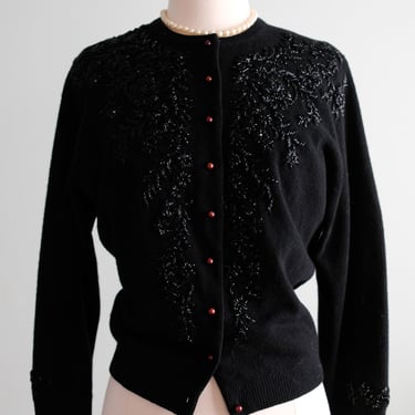 Adorable 1950's Black & Blue Aurora Beaded Cardigan Sweater / Sz M