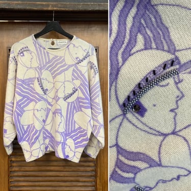 Vintage 1980’s Flapper Girl Lavender New Wave Novelty Sweater, 80’s New Wave, Vintage Rhinestone, Vintage Clothing 