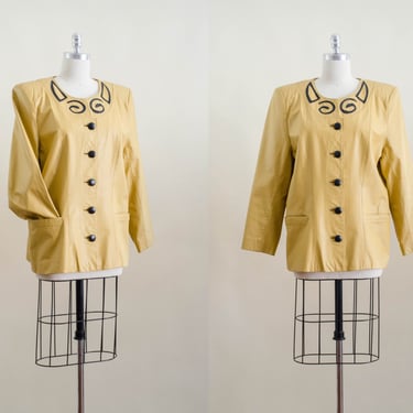 yellow leather jacket | 80s 90s plus size vintage light yellow black leather blazer coat 