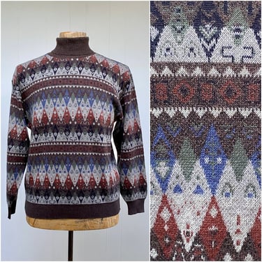 Vintage 1980s 1990s Merino Wool Turtleneck Sweater, 80s 90s Fair Isle Knit Pullover, Ski Sweater Made in Italy by Giannini, Large 44