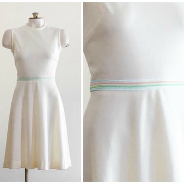1960s off white a line dress with pastel striped waist 