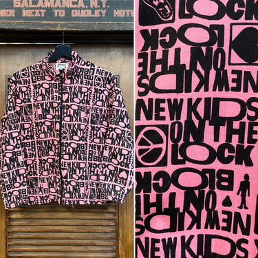 Vintage 1990’s Dated 1990 “New Kids on The Block” Pink and Black Cotton Boy Band Jacket, 90’s Windbreaker, 90’s Pop Art, Vintage Clothing 