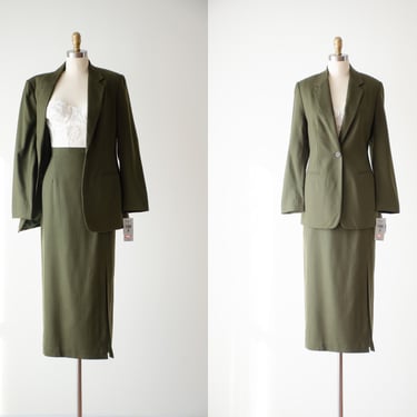 olive green suit | 90s vintage dark green wool dark academia long wrap skirt blazer jacket suit set 