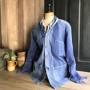 French Indigo Work Jacket, Bleu De Travail Coat, Denim, Worn, Faded, Garden, Chore Wear, Farmhouse, Homesteading, Peasant 