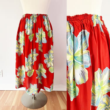 Size XL / 1X Vintage Tropical Floral Skirt - Rayon Floral Orange Midi Skirt - Drawstring Waist Boho Skirt - Size Extra Large Plus Size 