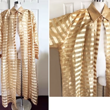 SHEER Gold EGYPTIAN Style Long Duster Evening Coat, Shirt Dress, Vintage 1980's Large Plus Sized 3X Stripes 
