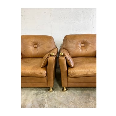Pair Danish Modern Brown Leather and Brass Club Chairs 
