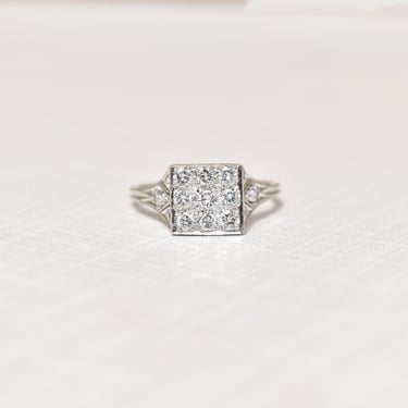Edwardian Revival Platinum Diamond Grid Ring, .36 TCW, Square Cluster Ring, Estate Jewelry, Size 7 US 