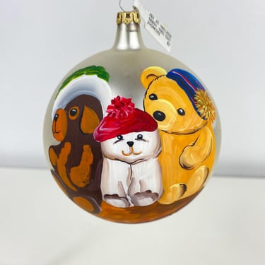 Vintage SAKS Polo Bears Big 4" Silver Glass Ornament Hand painted, Marked Italy, Large 4" Glass Ornament w/original tag, Polo Bears on Sled 