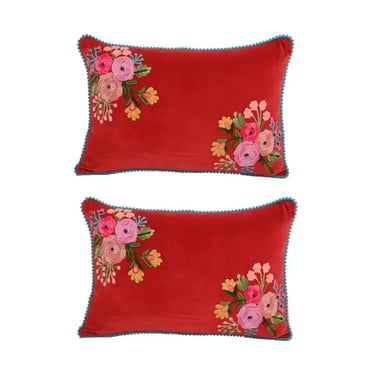 Red Velvet Floral Embroidery Pillow