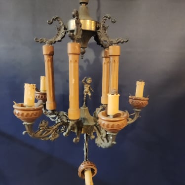 Vintage Brass and Wood Project Chandelier 17.25 x 18