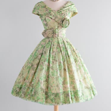 Classic 1950's Suzy Perette Spring Green Floral Silk Organza Party Dress / S