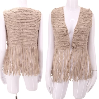 60s macrame fringe vest top / vintage 1960s 70s yarn crochet knit Woodstock era festival top m/l 